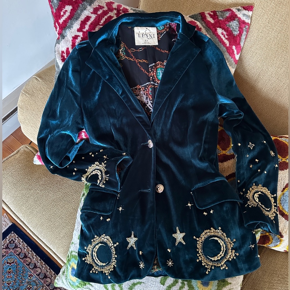 Lenni the Label Teal Blue Velvet Embellished Celestial Blazer Jacket